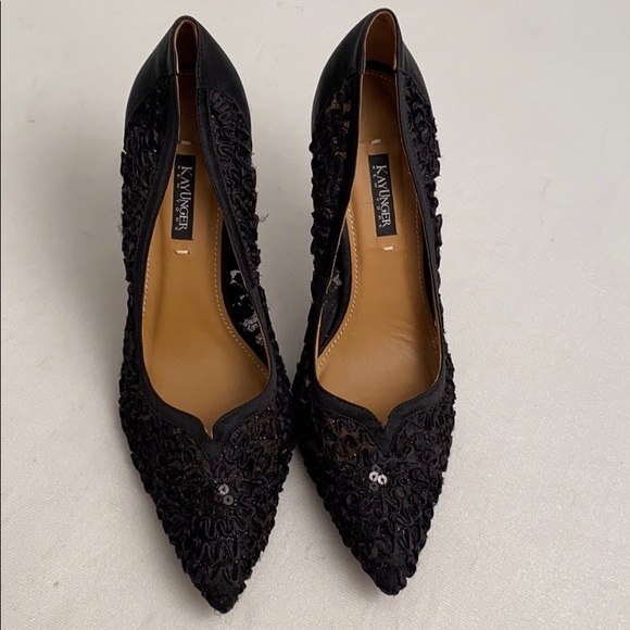 Kay Unger black satin and sequin 4.5” heel pumps - Picture 1 of 8